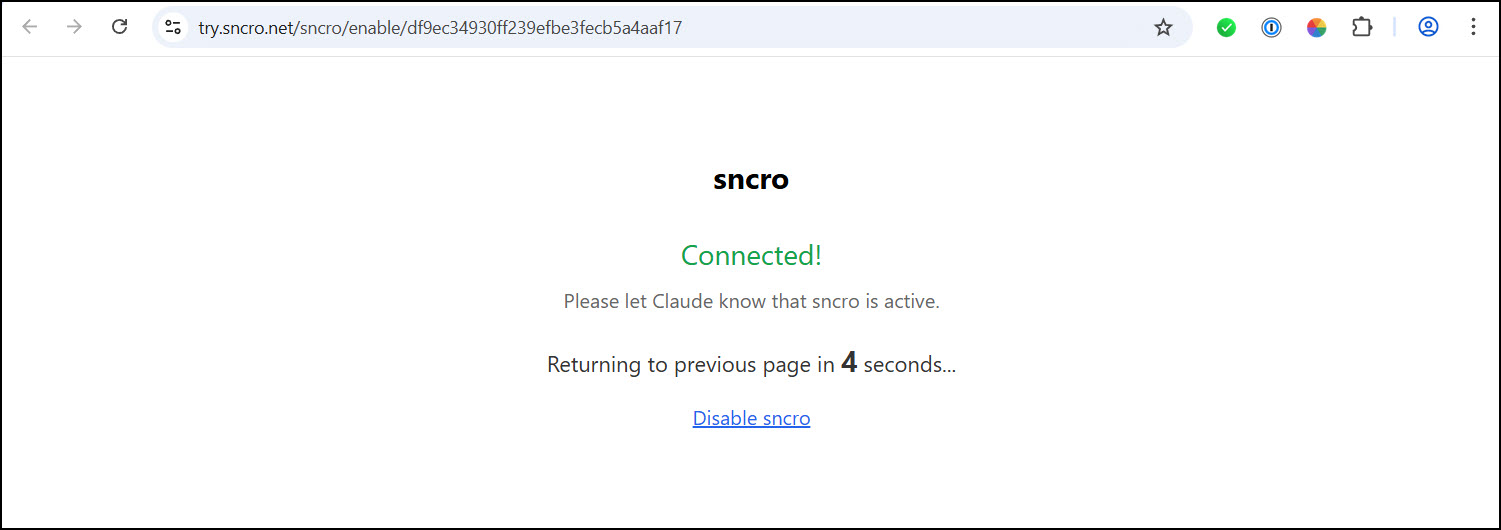 sncro enable page showing Connected! status