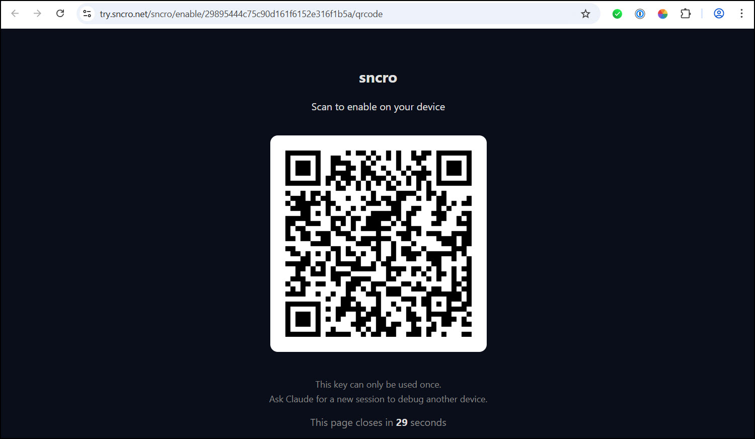 sncro QR code page — scan to enable on mobile